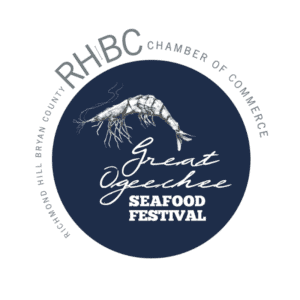 The logo features the Great Ogeechee Seafood Festival by Richmond Hill Bryan County Chamber of Commerce, with a shrimp illustration on a navy background.