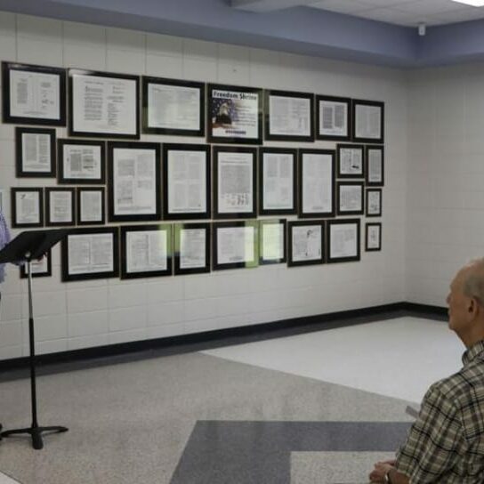 The Freedom Shrine is presented to an audience