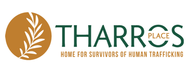 The image features the Tharros Place logo, with a golden leaf design and text: "Home for Survivors of Human Trafficking" in green and gold.